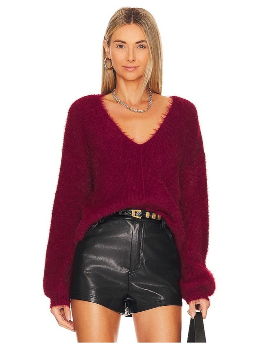 Lovers + Friends Malia V-Neck Sweater in Burgundy Size X-Small Gently Used